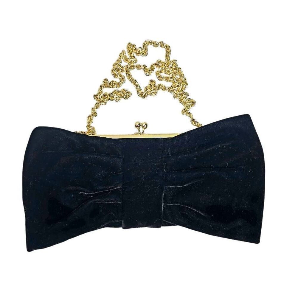 Talbots Black Velvet Bow-Shaped Evening Bag w/ Gold Chain - Picture 2 of 9